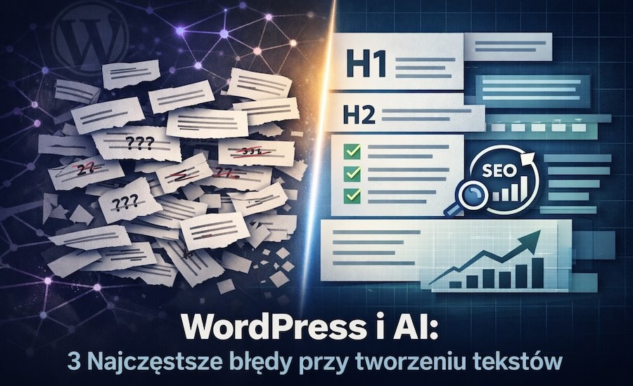 Dashboard WordPress z widocznym edytorem blokowym i elementami AI do optymalizacji treści